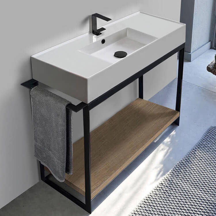 Console Bathroom Vanity, Scarabeo 5124-SOL2-89, Console Sink Vanity With Ceramic Sink and Natural Brown Oak Shelf